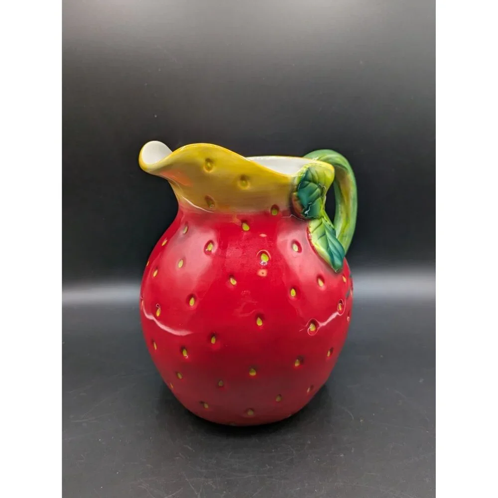Sur La Table Ceramic Strawberry Shaped Pitcher Water Lemonade Red Green 7.5